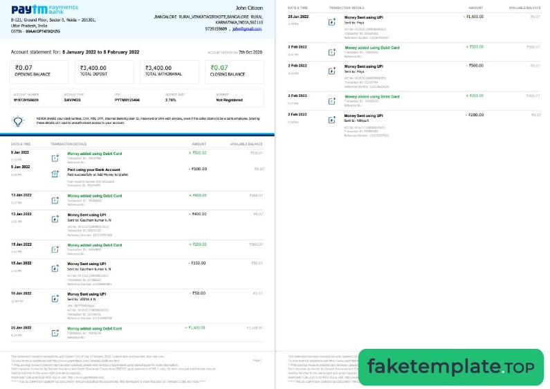 Feature of fake Indian Paytm bank statement 2 page